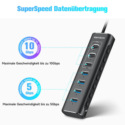 RSHTECH RSH-A107C aktiver 7-Port USB-C-Hub, Aluminium, 24W Netzteil