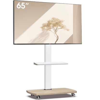 AOKCOS TV Ständer rollbar für 32-65 Zoll Fernseher, höhenverstellbar, Ausführung in Weiss und Natur mit Holzsockel