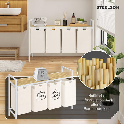 STEELSØN Rigil Wäschesammler 4 Fächer Weiss mit Bambusablage