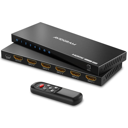 AVIDGRAM HDMI 2.1 Umschalter 8K/4K 120Hz - 5-in-1 mit IR. Schwarzes Gerät verbindet 5 HDMI-Quellen mit 8K/4K 120Hz Display.
