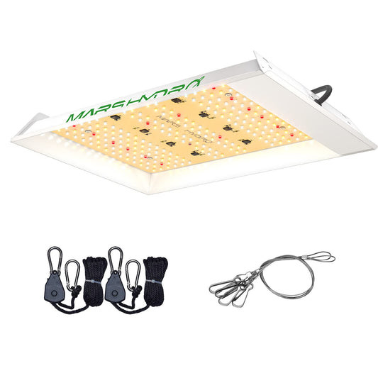 Mars Hydro TS600 LED Grow Lampe – Vollspektrum UV IR Pflanzenlicht. Silbernes LED-Panel optimiert Pflanzenwachstum indoor.