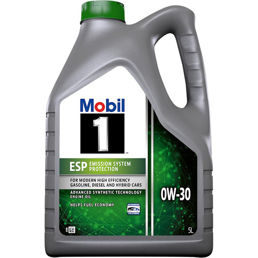 Mobil 1 ESP 0W-30 Vollsynthetisches Motoröl – 5L Kanister. Dunkelgrauer Behälter. Schmiert und schützt PKW-Motoren.