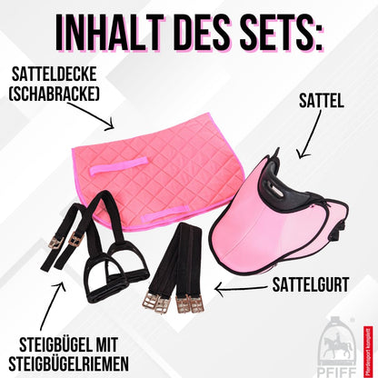 PFIFF 103106 Sattelset für Shetty und Holzpferde, Kindersattel Rose
