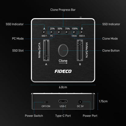 FIDECO M.2 NVMe SATA SSD Docking Station Dual Offline Klon