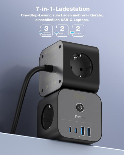 VEFVE CubePulse70 Steckdosenwürfel 70W USB-C 7-in-1 mit 3 m Kabel