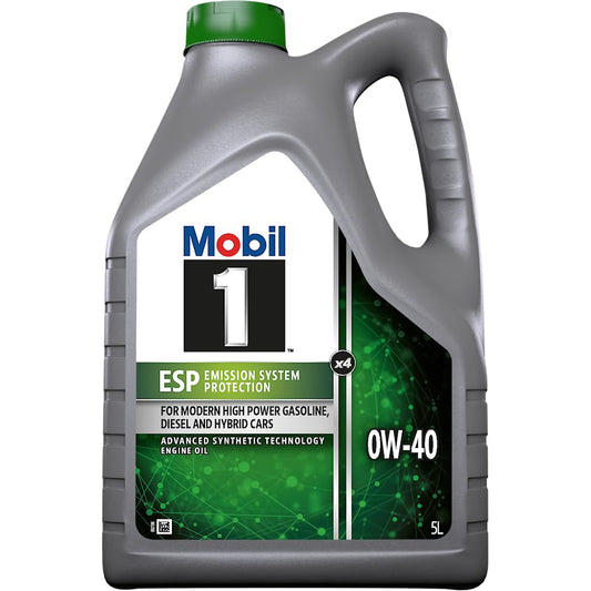 Mobil 1 ESP X4 synthetisches Motorenöl - 0W-40, 5L. Goldgelb im Kanister. Sichert Schmierung und Verschleißschutz im Motor.