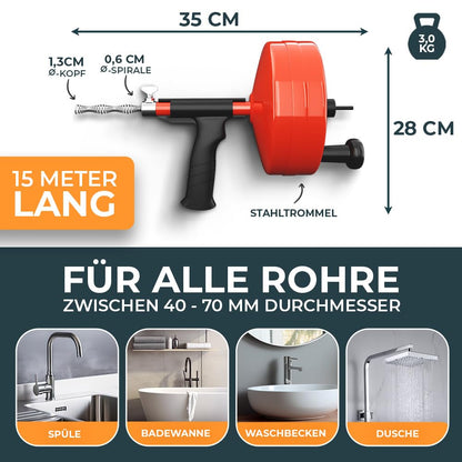 Meisterfaktur Rohrreinigungsspirale Metalltrommel 15m - Bohraufsatz