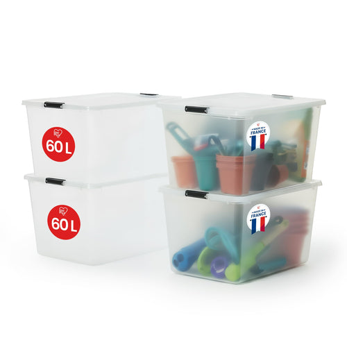 Iris Ohyama Aufbewahrungsbox mit Deckel FTB-60, 60 L, 4er-Set, transparenter Kunststoff