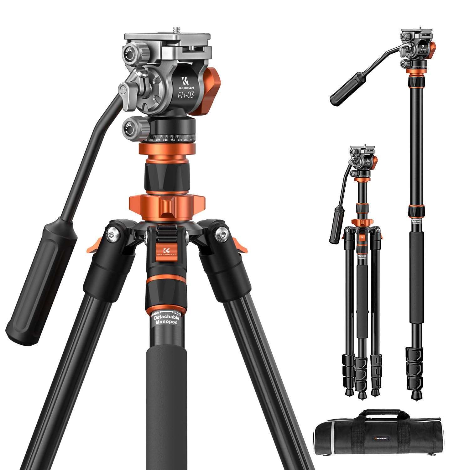 K&F CONCEPT Videostativ K234A7+FH-03 mit Fluidkopf, Aluminium, 200 cm, als Einbeinstativ nutzbar