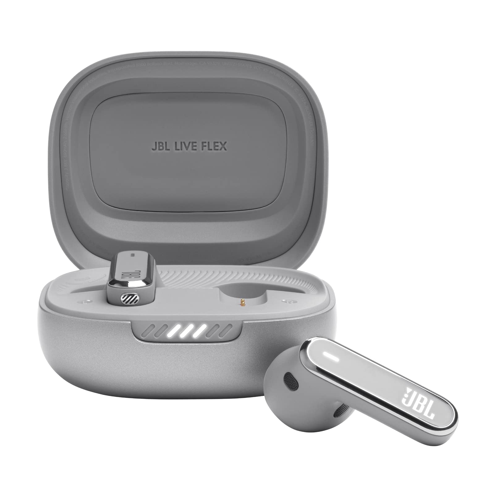 JBL Live Flex In-Ear Kopfhörer mit Geräuschunterdrückung - Silver: Silberne, kompakte In-Ears zur kabellosen Audio-Wiedergabe und aktiven Geräuschunterdrückung.