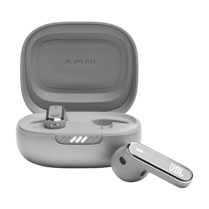 JBL Live Flex In-Ear Kopfhörer mit Geräuschunterdrückung - Silver: Silberne, kompakte In-Ears zur kabellosen Audio-Wiedergabe und aktiven Geräuschunterdrückung.