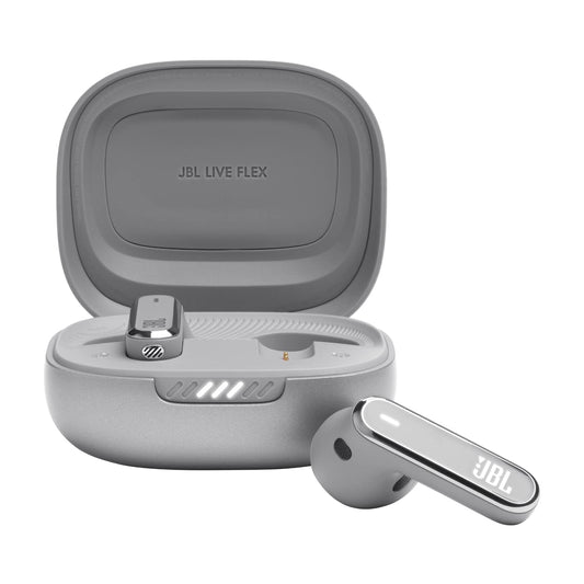 JBL Live Flex In-Ear Kopfhörer mit Geräuschunterdrückung - Silver: Silberne, kompakte In-Ears zur kabellosen Audio-Wiedergabe und aktiven Geräuschunterdrückung.