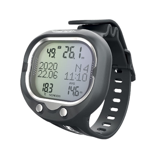 SEAC Screen Handgelenks-Tauchcomputer – Freitauchmodus. Schwarzes Armbandgerät mit Display. Misst Tiefe & Zeit für Freitauchgänge.