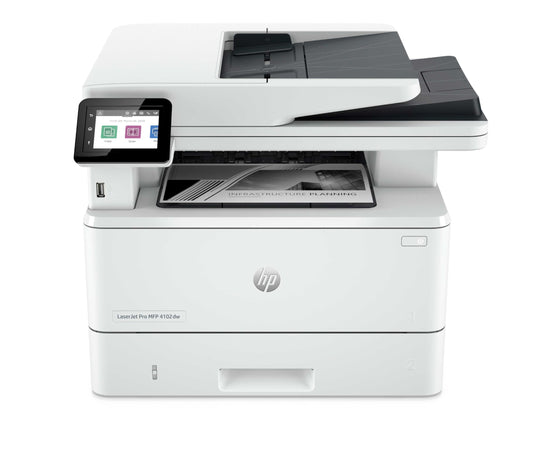 HP LaserJet Pro MFP 4102dw Multifunktions-Laserdrucker. Kompaktes, rechteckiges MFP in Grau/Weiß. Druckt, scannt, kopiert schnell.