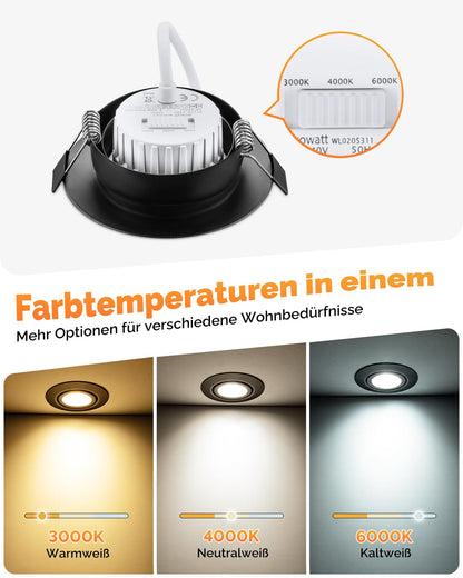 wowatt LED Einbaustrahler 6er Set, 230V, schwenkbar, dimmbar, schwarz