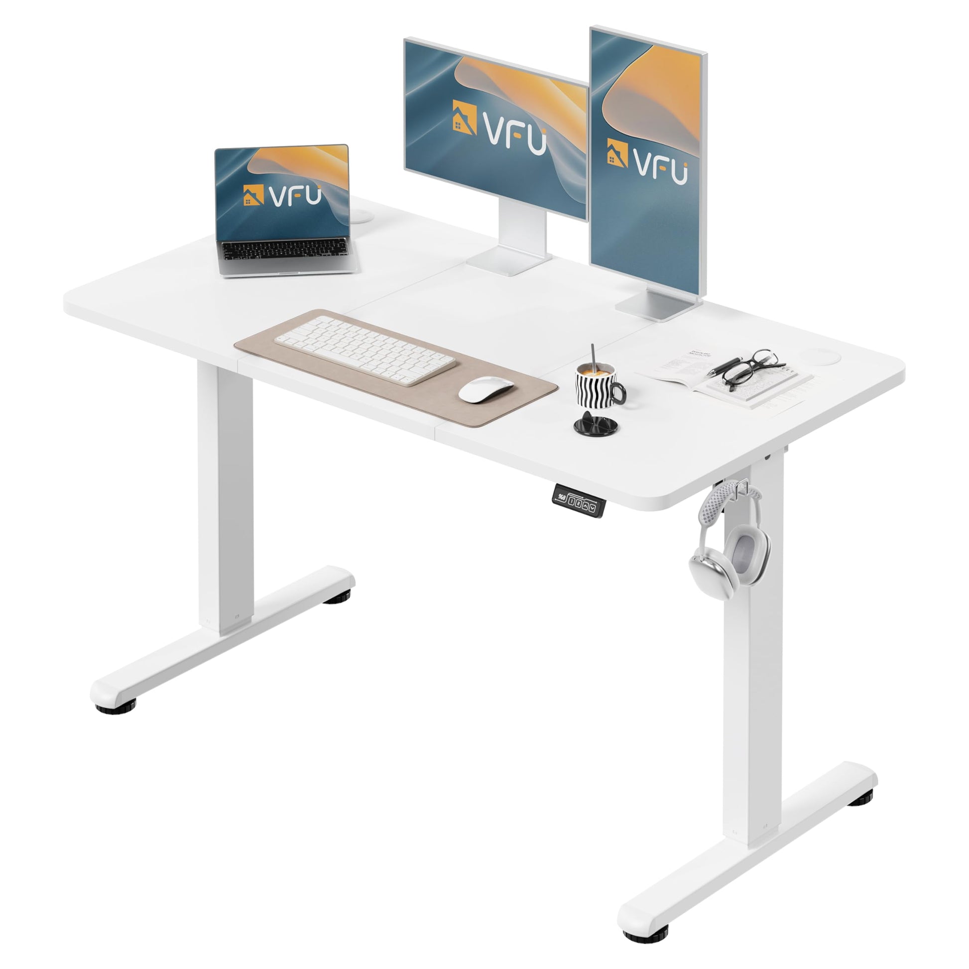 VFU Schreibtisch höhenverstellbar elektrisch 120 x 60 cm weiss, mit Metallrahmen