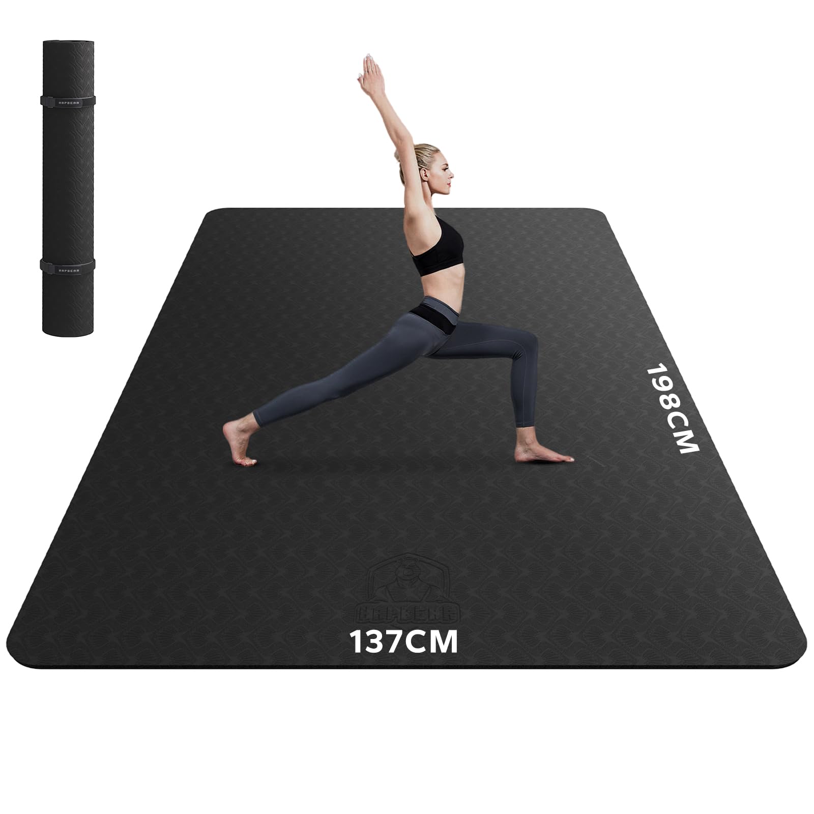 HAPBEAR Yogamatte XXL rutschfeste Fitnessmatte - TPE Schwarz. Rechteckige, schwarze TPE-Matte für rutschfeste Yoga- und Fitnessübungen.