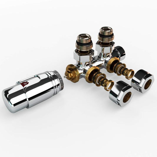 Universell Design Multiblock Heizkörper Set - Eck Chrom 50mm. Eckiger, verchromter Multiblock. Dient dem Eckanschluss eines Heizkörpers.