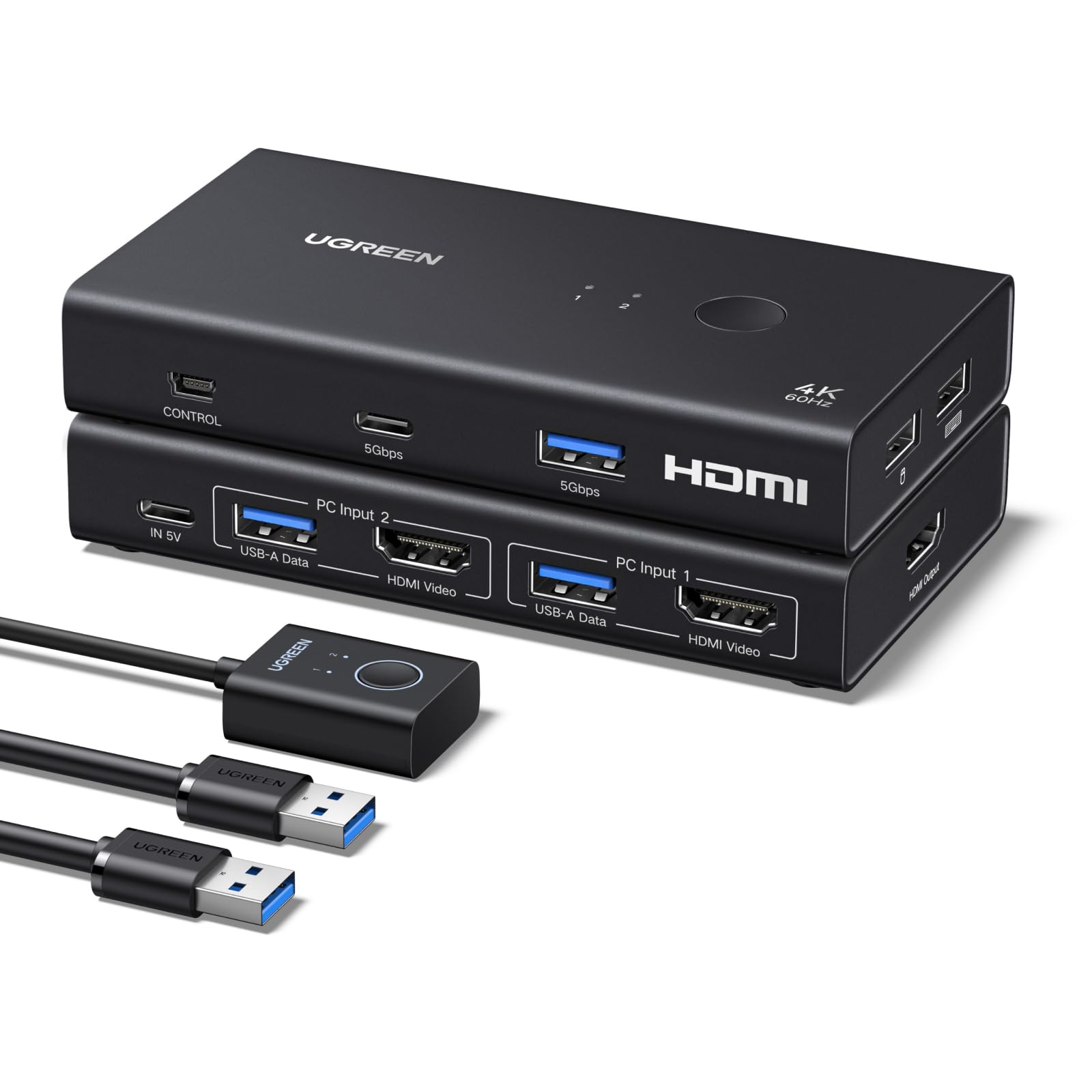 UGREEN HDMI KVM Switch 2 PC 1 Monitor 4K@60Hz 3x USB-A + USB-C mit Desktop-Controller