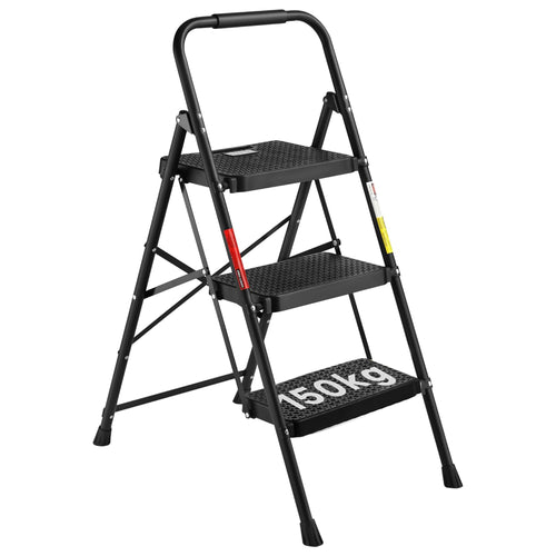 BONTEC Trittleiter 3 Stufen klappbar, Stahl, bis 150 kg, Schwarz – drei breite rutschfeste Stufen