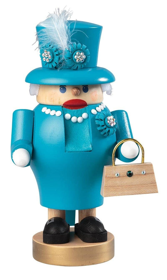 Richard Glässer Seiffen Nussknacker Queen - Nr. 162677. Bemalte Holz-Königsfigur mit Krone. Knackt Nüsse per Hebelmechanismus.
