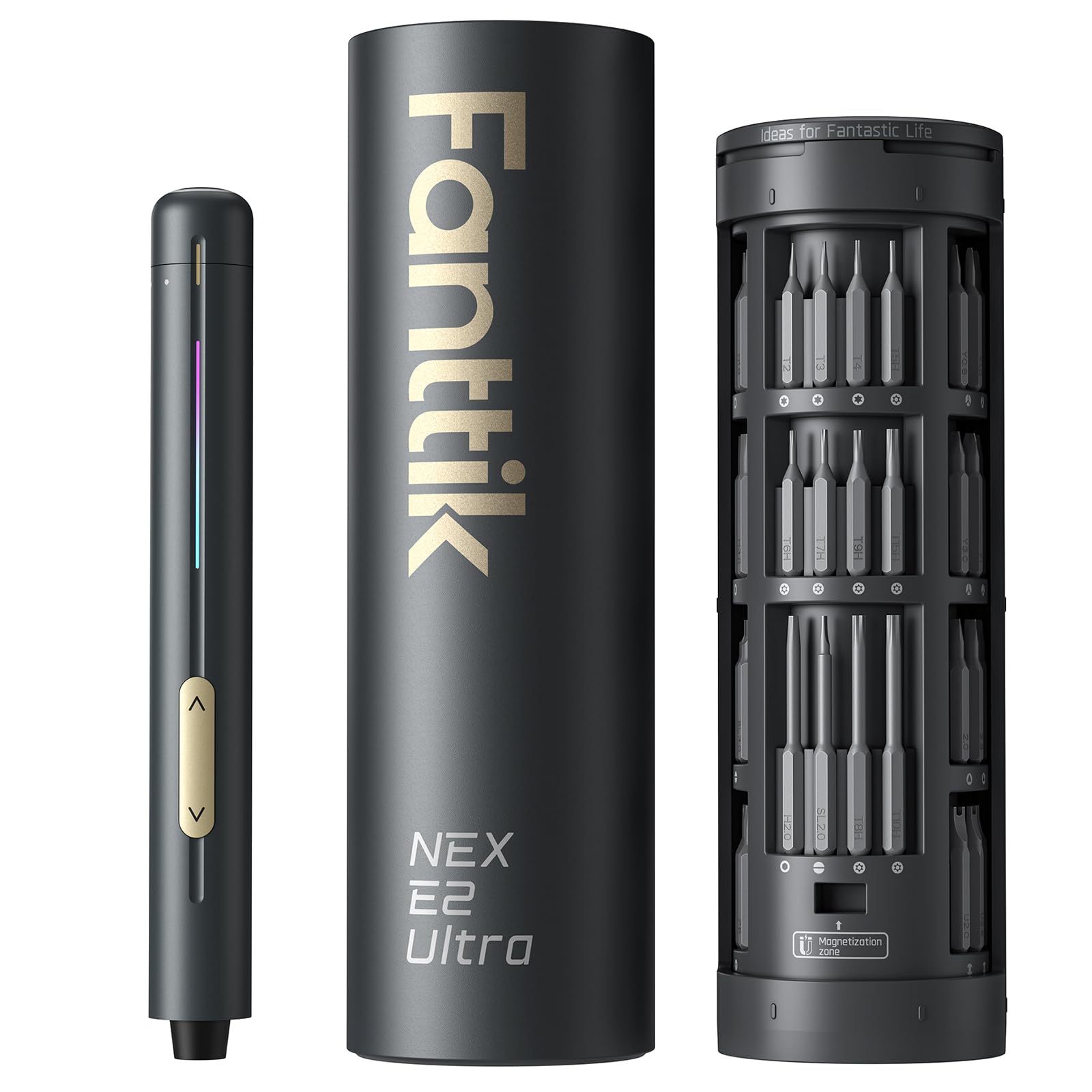 Fanttik E2 Ultra Mini Elektro Präzisions-Schraubendreher 50-in-1. Grauer, zylindrischer Elektroschrauber mit 50 Präzisions-Bits für Elektronik & Feinmechanik.