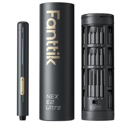 Fanttik E2 Ultra Mini Elektro Präzisions-Schraubendreher 50-in-1. Grauer, zylindrischer Elektroschrauber mit 50 Präzisions-Bits für Elektronik & Feinmechanik.
