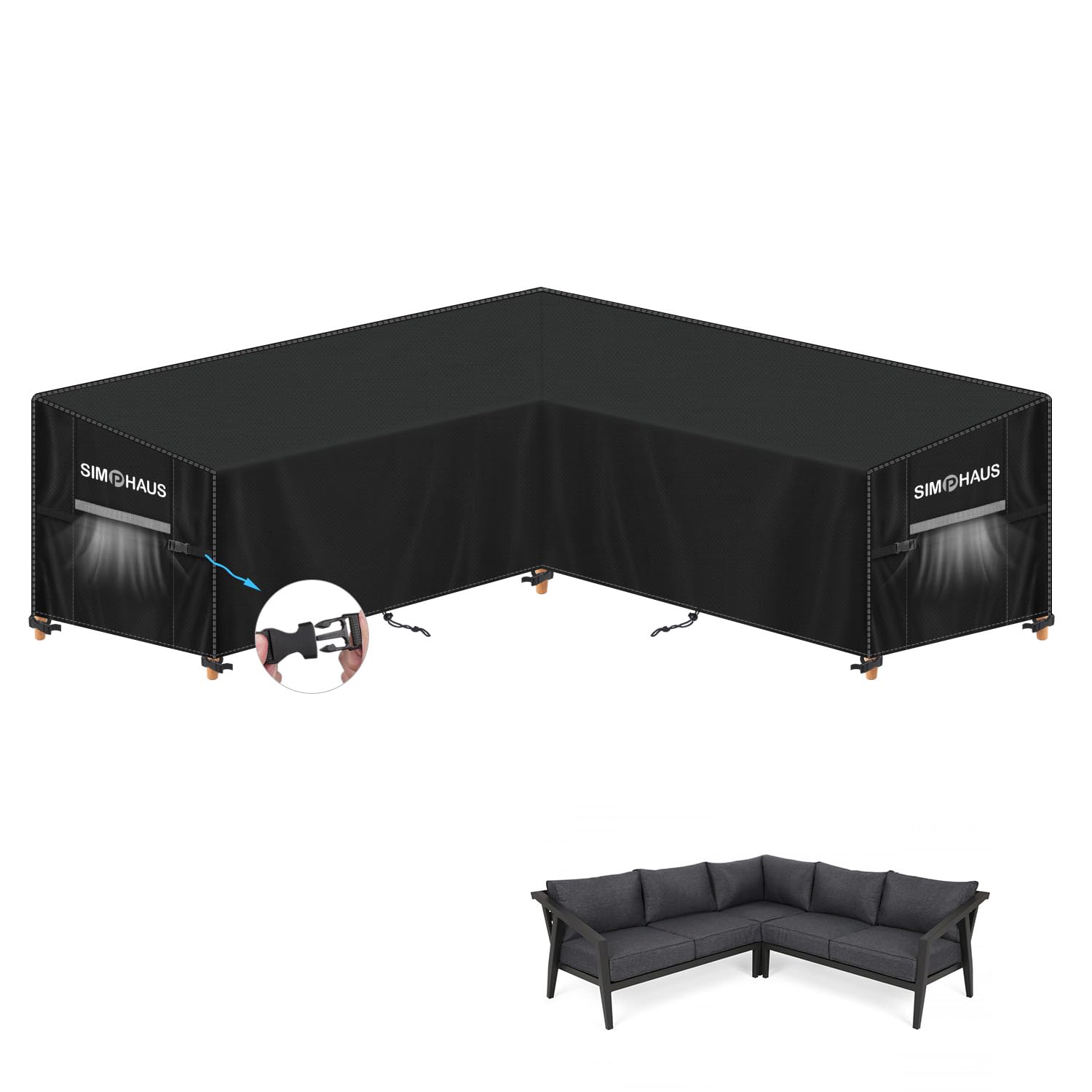 SIMPHAUS Gartenmöbel Abdeckung V-Form 420D Oxford wasserdicht 255x255, graue Abdeckhülle für Lounge-Ecksofas