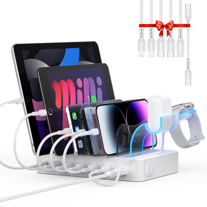 SooPii USB Ladestation CS60, 60W 6-Port mit PD 20W Schnellladung in Weiss mit Halterung für iWatch-Ladegerät und AirPods