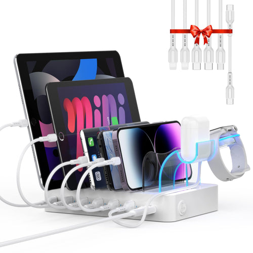 SooPii USB Ladestation CS60, 60W 6-Port mit PD 20W Schnellladung in Weiss mit Halterung für iWatch-Ladegerät und AirPods