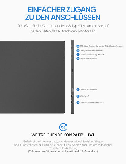 ARZOPA A1 Tragbarer Monitor - 15.6" FHD IPS USB C HDMI