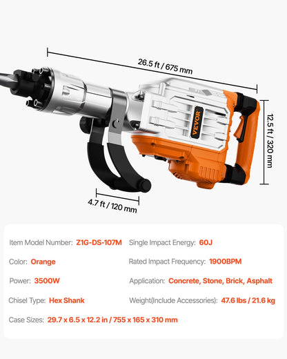 VEVOR Abbruchhammer Betonbrecher Stemmhammer 3500W 60J