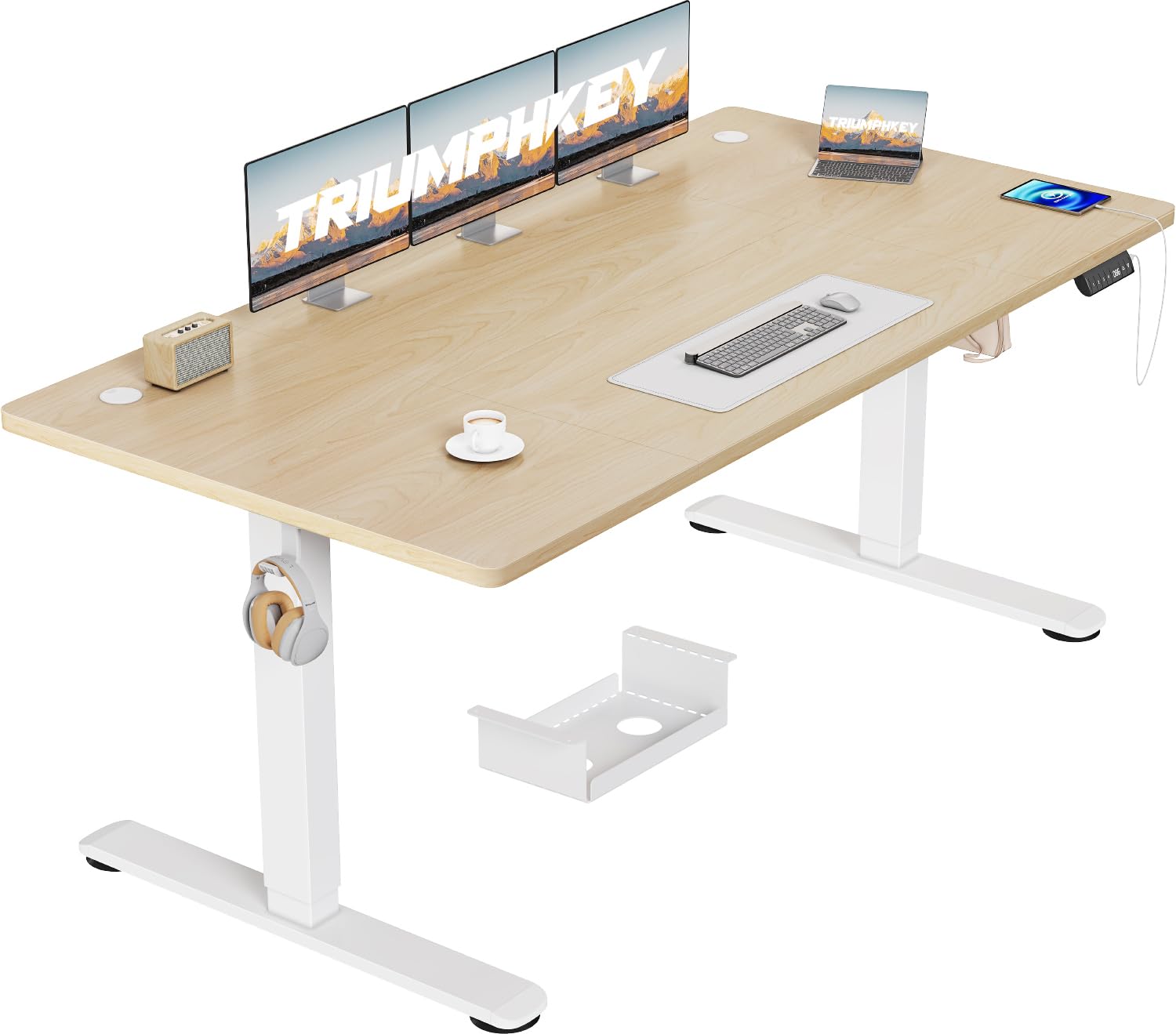 TRIUMPHKEY Höhenverstellbarer Schreibtisch 160x80 cm mit USB, Beige – Stehschreibtisch mit Kabelkasten