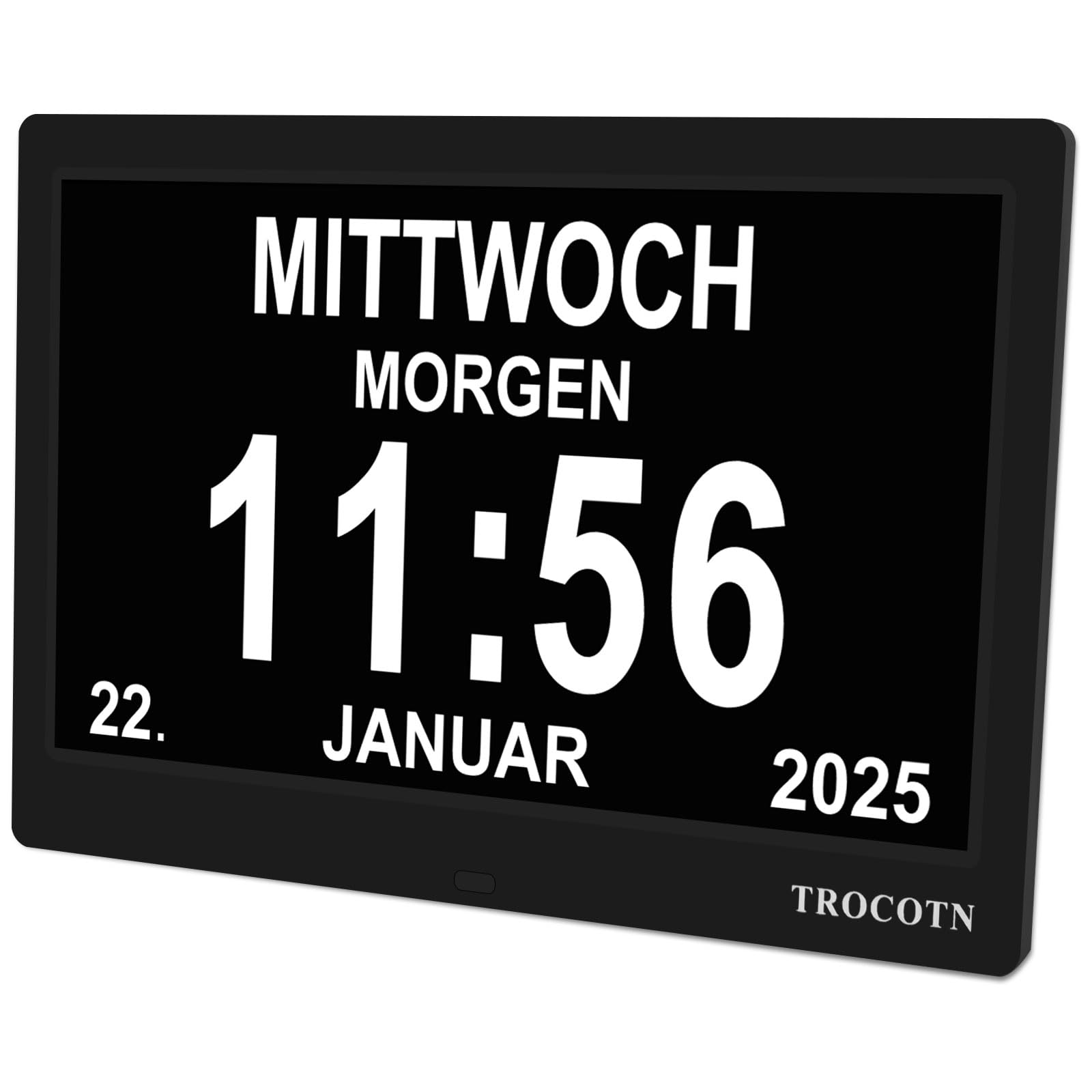 TROCOTN Digitale Tagesuhr Kalenderuhr für Senioren, 10 Zoll Schwarz – grosses Display