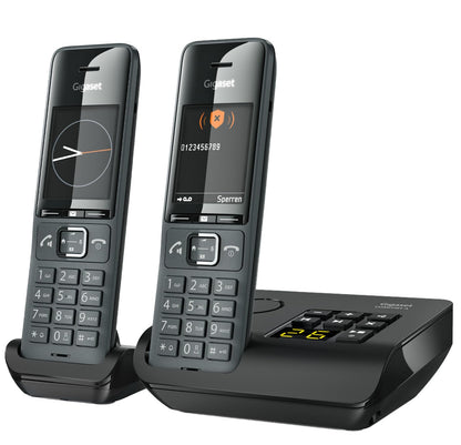 Gigaset Comfort 520A Duo DECT Telefon Set - Titan-Schwarz: Titan-schwarze Mobilteile und Basisstation für schnurlose DECT-Telefonie mit integriertem Anrufbeantworter.