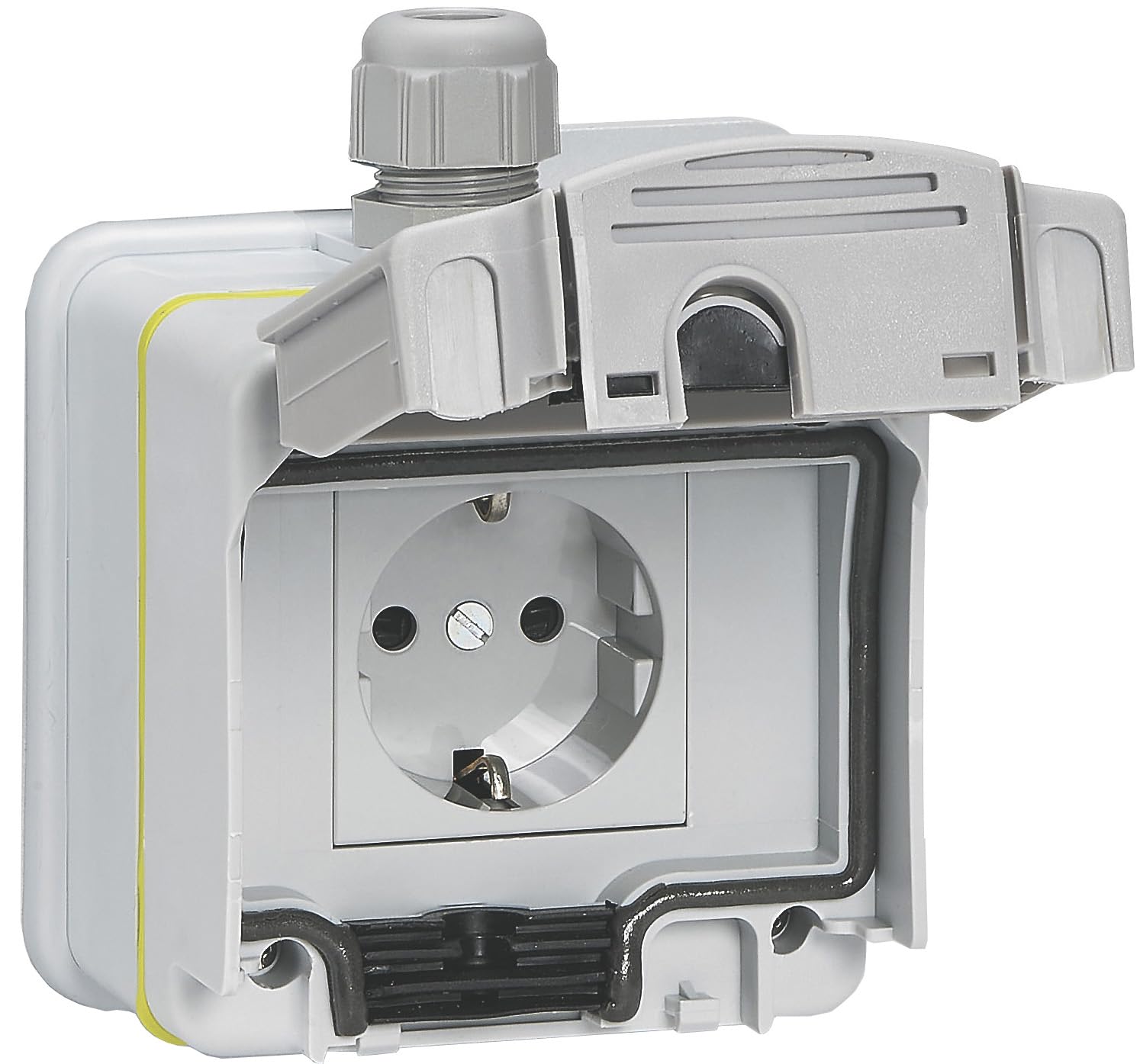 LEGRAND Green Up Ladesteckdose E-Autos Aufputz SAT00194. Weiße, rechteckige Ladesteckdose zum Laden von Elektrofahrzeugen an der Wand.