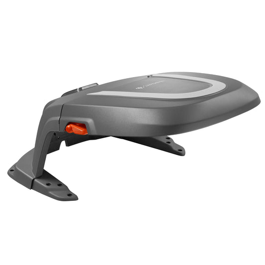 Gardena Mähroboter Garage SILENO Serie. Kompaktes, graues Schutzdach. Bietet Mährobotern Schutz vor Regen und UV-Strahlung.