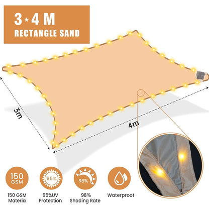 ABIUBIU Sonnensegel 3x4 m wasserdicht mit LED-Solar-Lichterkette beige
