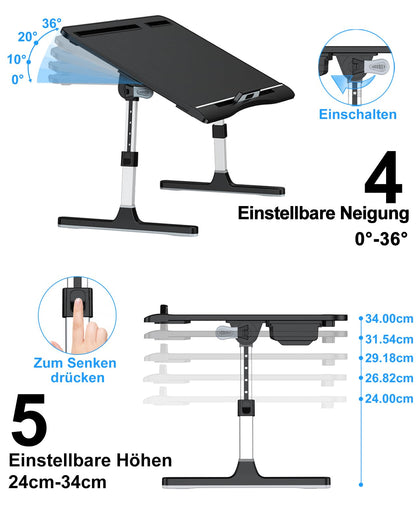 Potuopy faltbarer Laptop Betttisch Leder, verstellbar – Schwarz 60x40cm