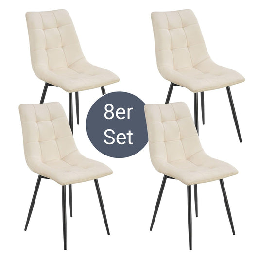 Juskys Esszimmerstuhl Blanca Samt 8er Set. Acht beige, gepolsterte Samtstühle, konzipiert für das Sitzen am Esstisch.