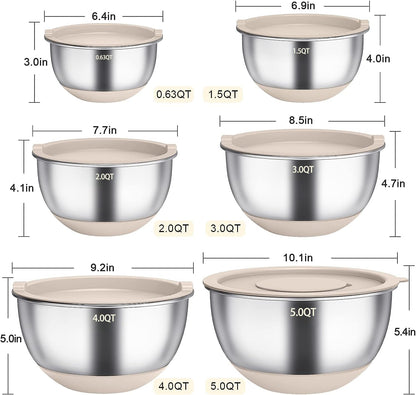 Terlulu Rührschüssel Set Edelstahl, 6-teilig mit Deckel, Khaki