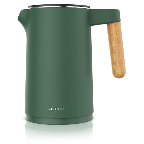 Arendo Wasserkocher Edelstahl mit Temperatureinstellung, 1,5 L, grün, doppelwandiges Gehäuse, Griff in Holzoptik