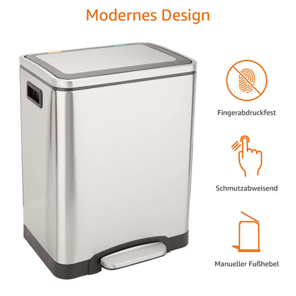 Amazon Basics 30L Rechteckig Doppel-Mülleimer Pedal – Edelstahl Silber