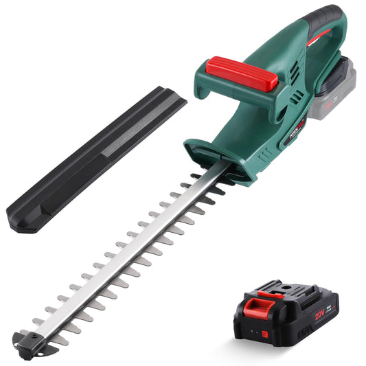 POSENPRO 20V Akku Heckenschere 45cm Schnittlänge. Schwarz-rotes Gehäuse mit langem Sägeblatt, zum präzisen Schneiden von Hecken und Sträuchern.