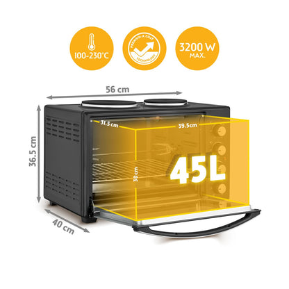 TZS First Austria Minibackofen mit Kochplatten 45L 3200W