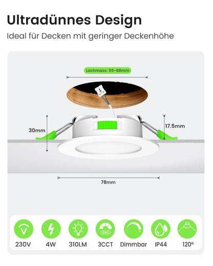ALUSSO LED Einbaustrahler 4W dimmbar 3 Farbtemperaturen IP44 12er Set