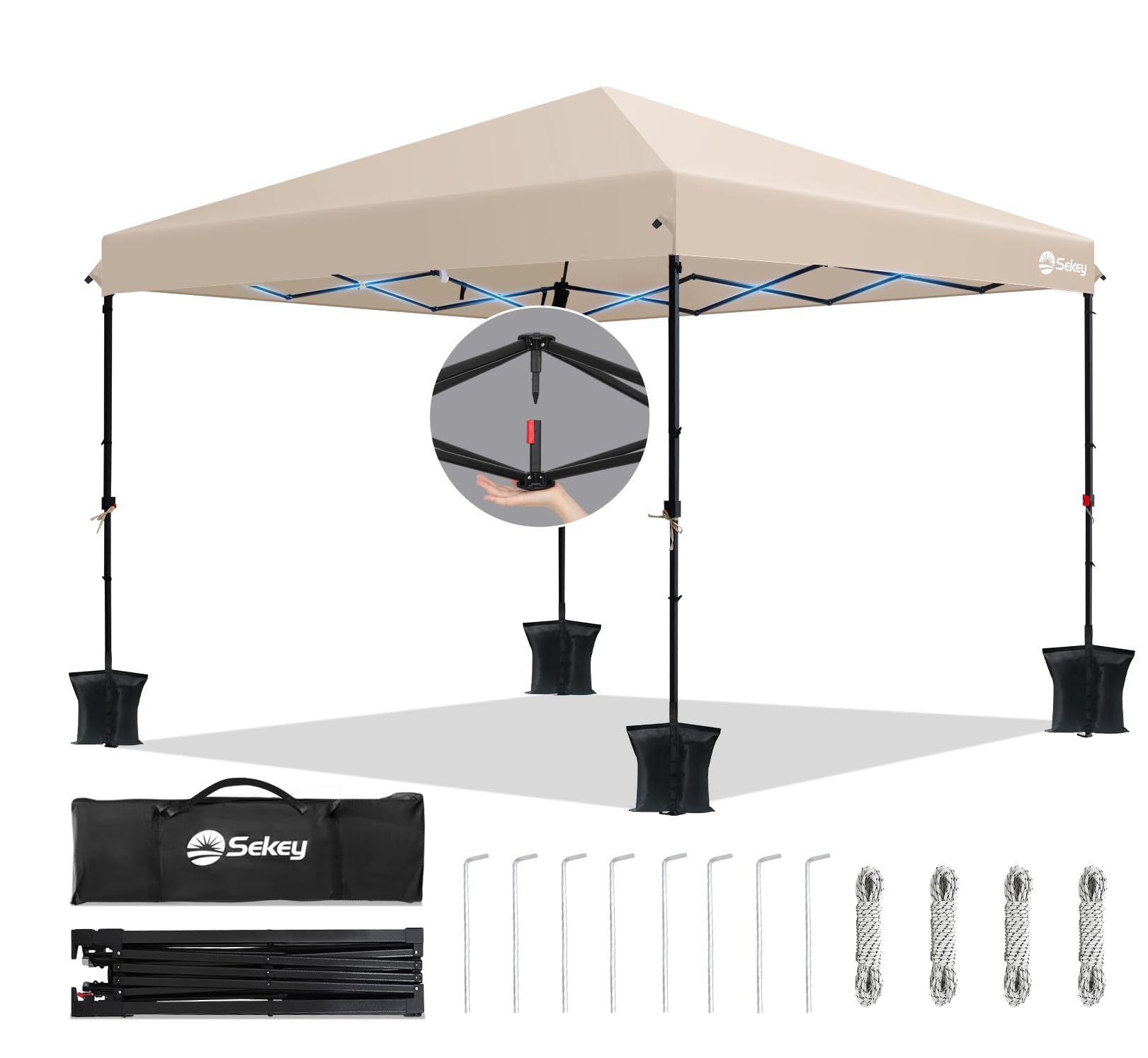 Sekey One-Touch Pop Up Pavillon 3x3 m, wasserdicht, Khaki, Faltpavillon mit verdickten Standbeinen