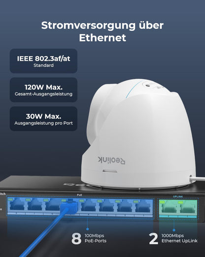 Reolink 8 Port PoE Switch unmanaged 120W mit 2 Gigabit Uplink – RLA-PS1
