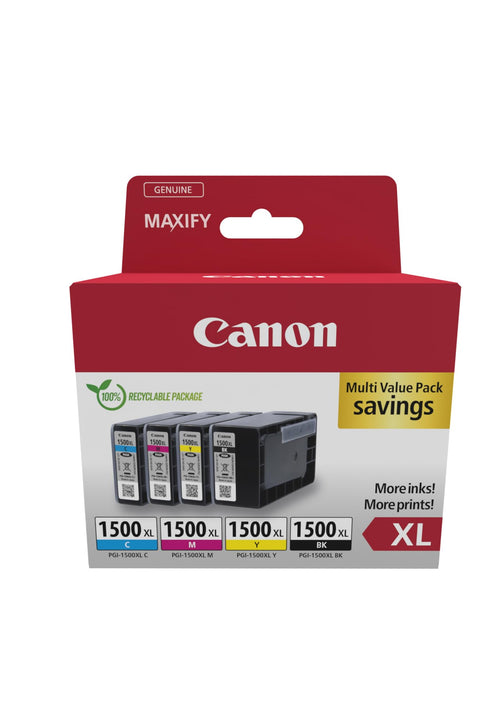 Canon PGI-1500 XL Tintenpatronen 4er Vorteilspack Original. Vier CMYK-Patronen liefern pigmentierte Tinte für MAXIFY Drucker.