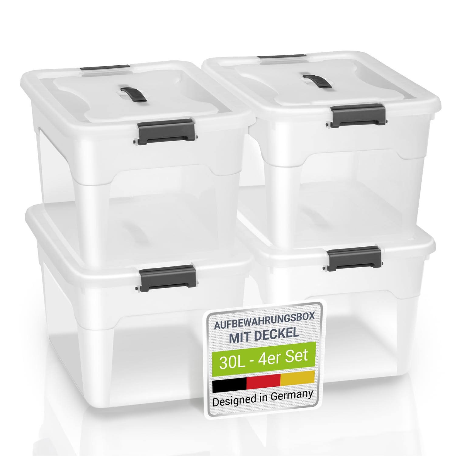 Juskys Aufbewahrungsbox mit Deckel, 4er Set, 30 Liter, transparent – Kunststoff, stapelbar